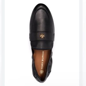 Tory Burch Black Leather Penny Loafers with Gold Logo
